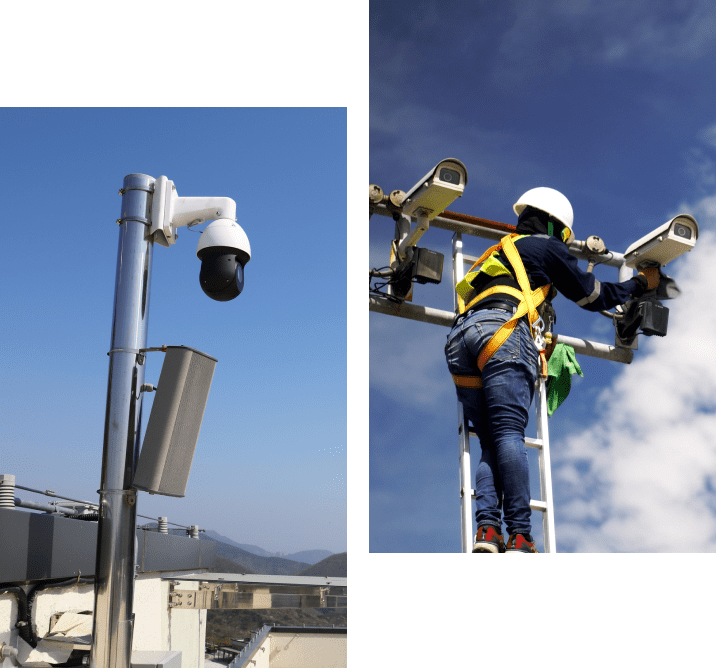 Rooftop camera mount installation team working above Denver skyline