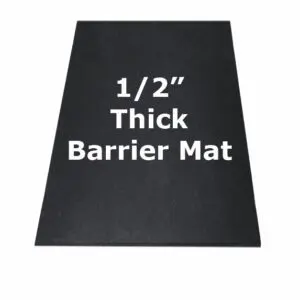 Black 1/2 inch thick barrier mat with white text.
